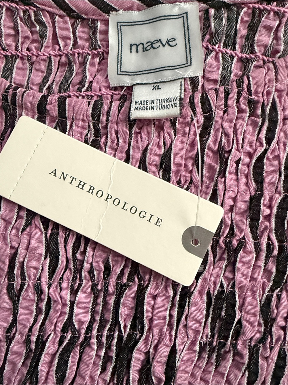 Anthropologie Maeve Margie Smocked Stripe Midi Dress, Pink & Charcoal, XL, NWT - Picture 4 of 7